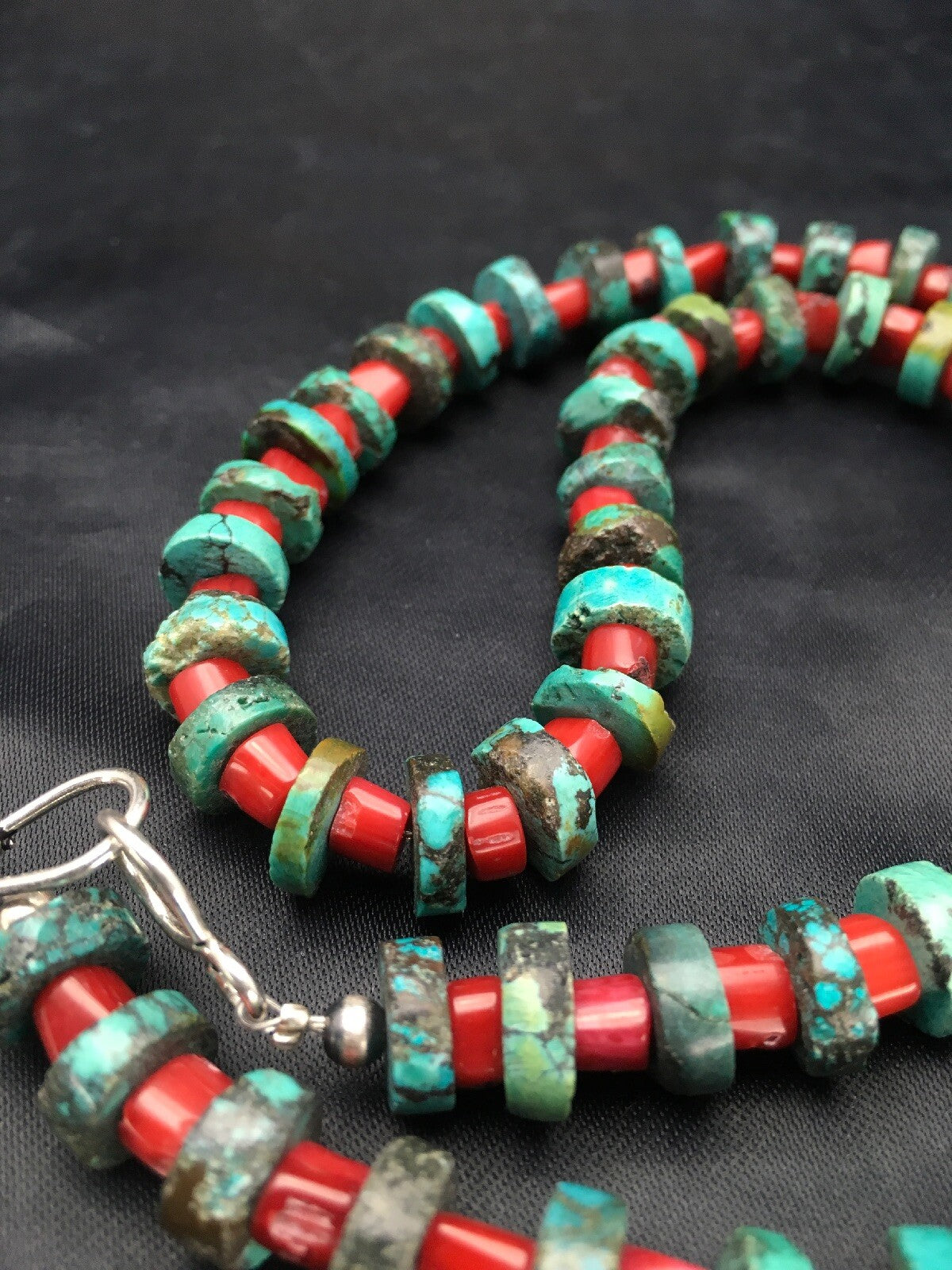 Turquoise Heishi 10 mm Bamboo Coral Sterling Silver Necklace