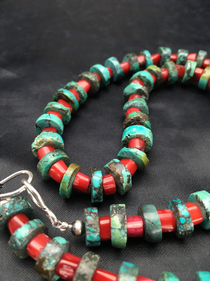 Turquoise Heishi 10 mm Bamboo Coral Sterling Silver Necklace