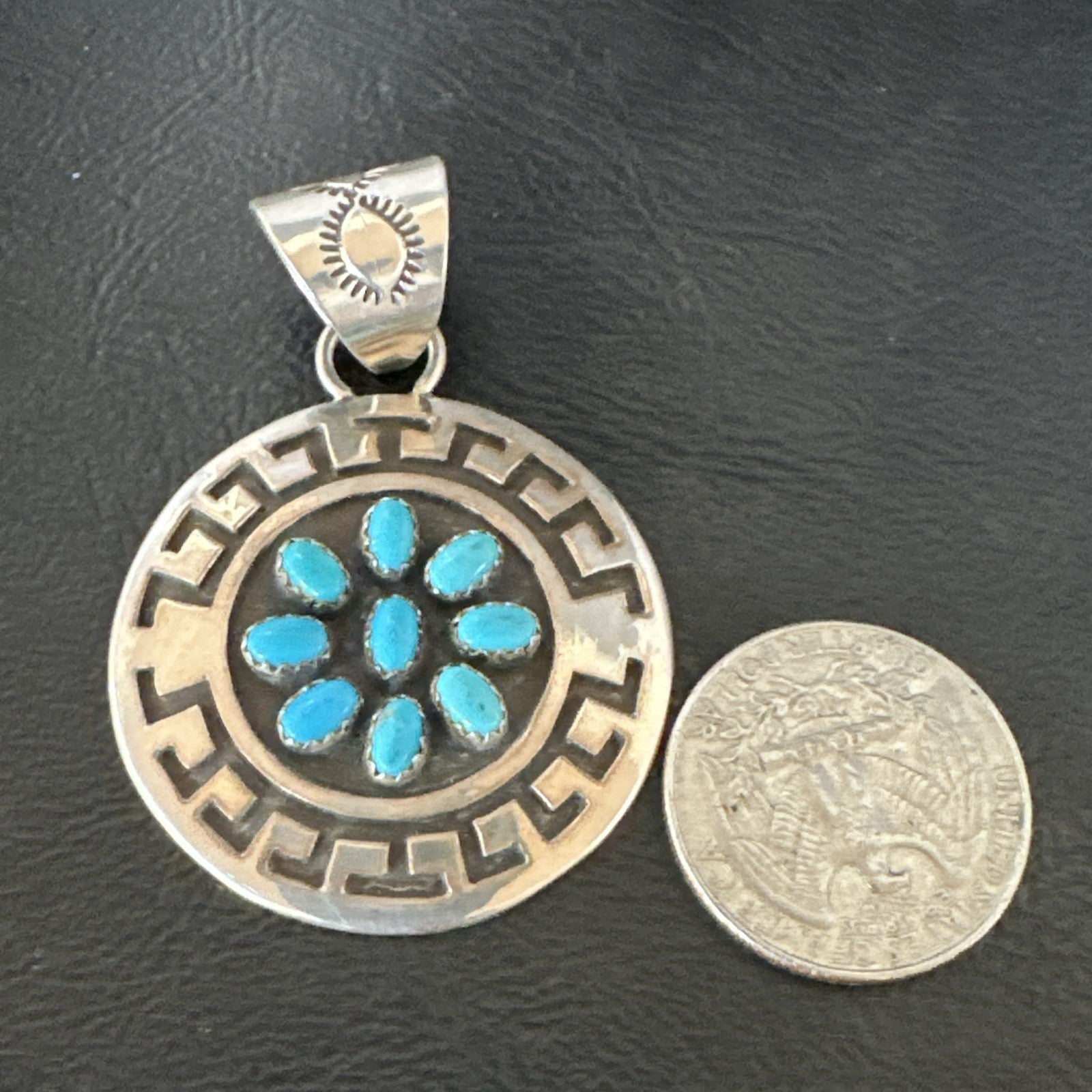 Cluster Blue Kingman Turquoise Navajo Sterling Silver Pendant 2" 19287
