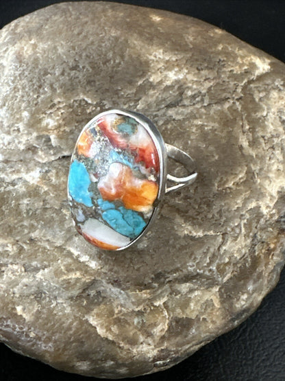 Blue Turquoise Orange Spiny Oyster Navajo Sterling Silver Ring Size 10 18207
