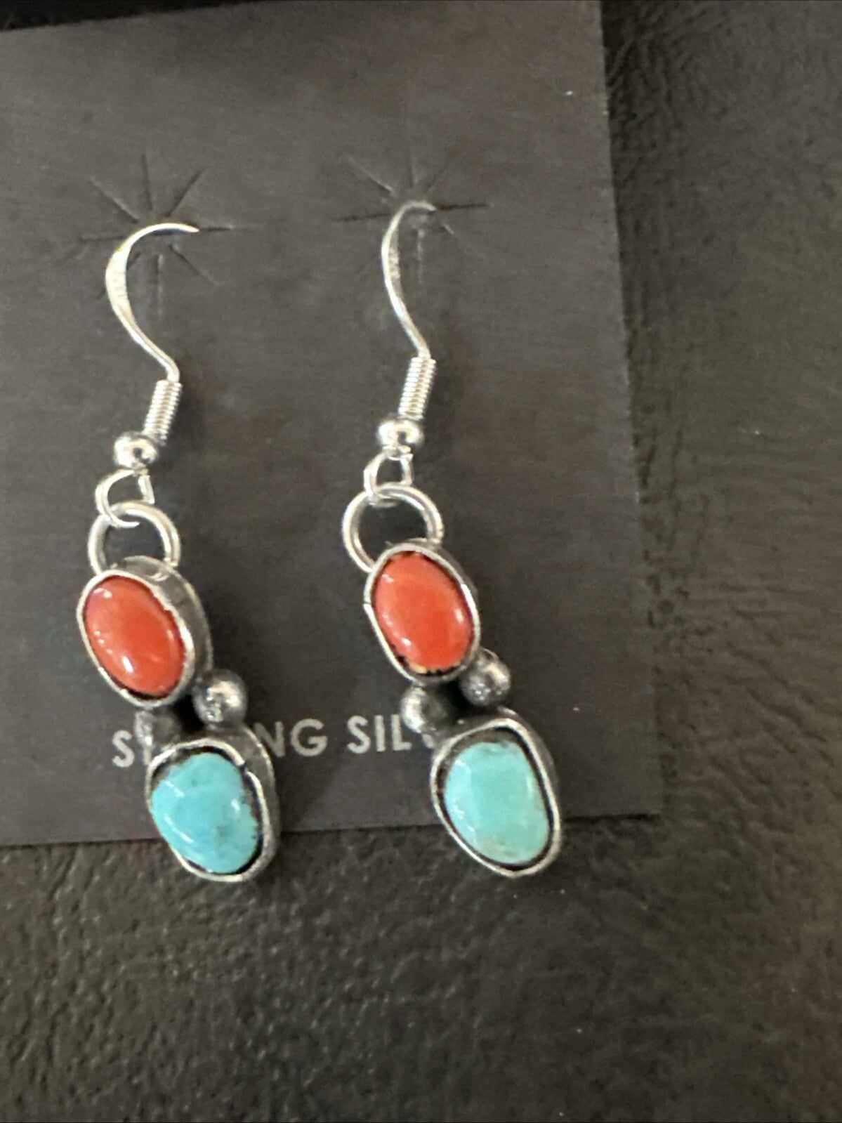 Handmade Blue Turquoise Red Coral Sterling Silver Navajo Dangle Earrings 18846
