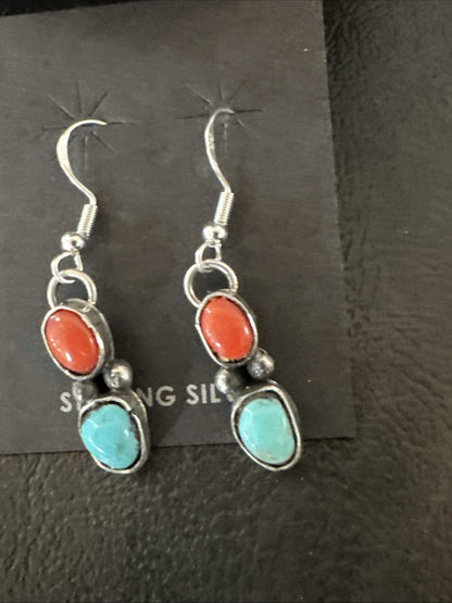 Handmade Blue Turquoise Red Coral Sterling Silver Navajo Dangle Earrings 18846