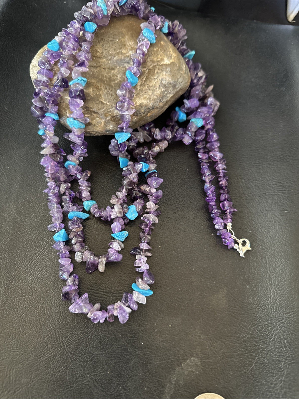 Sterling NAVAJO Purple Amethyst Blue Turquoise 3S Silver Necklace 30” 19569