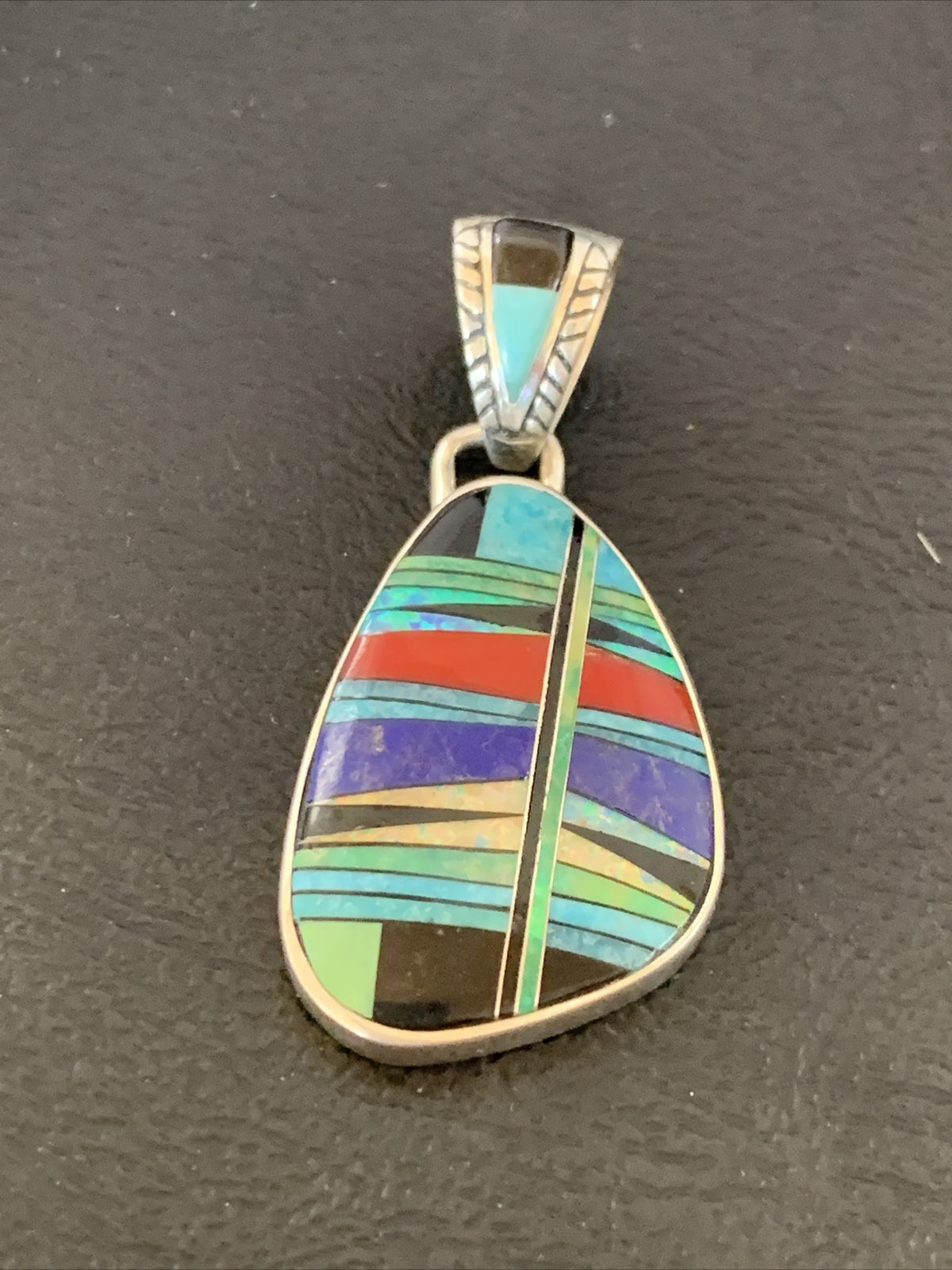 Womens Blue Turquoise Coral & Opal Navajo Sterling Silver Inlay Pendant 12493