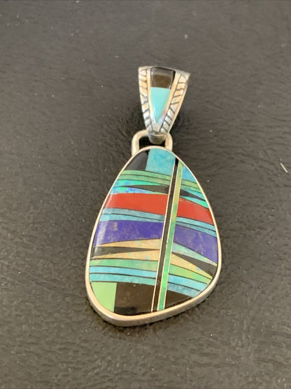 Womens Blue Turquoise Coral & Opal Navajo Sterling Silver Inlay Pendant 12493