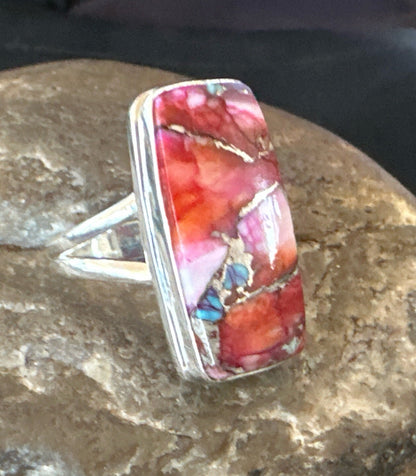 Blue Turquoise Spiny Oyster Southwestern Sterling Silver Ring Size 8 18486
