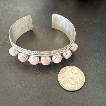 Navajo Pink Conch Cluster Sterling Silver Cuff Bracelet 18863