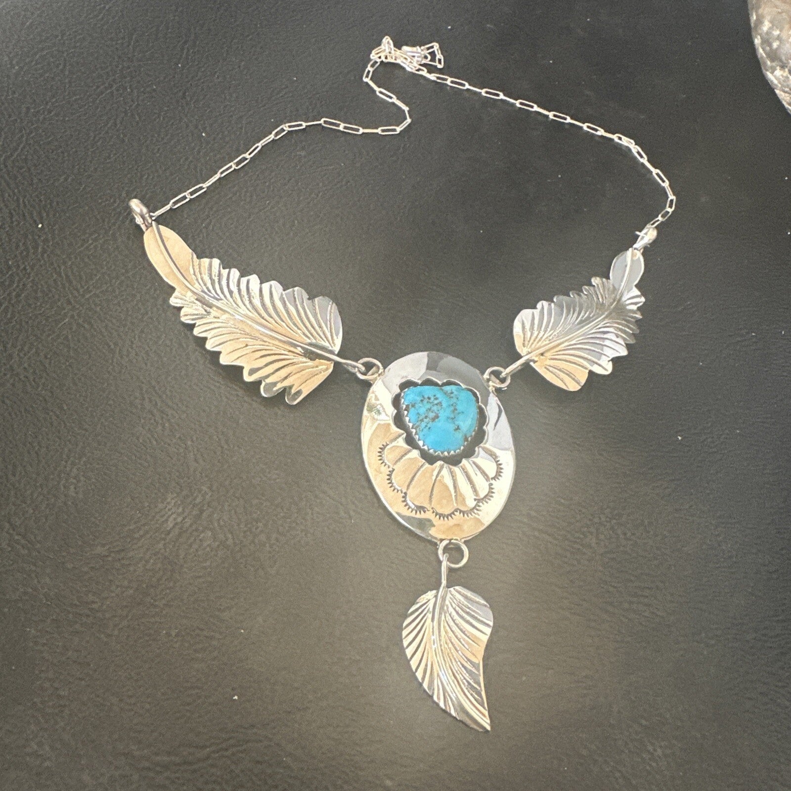 Blue Kingman Turquoise Navajo Sterling Silver Necklace Pendant 18576