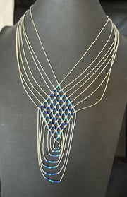 Azurite Heishi Tubes Pendant 7 Strand Liquid Necklace | Sterling Silver | Authentic Native American Handmade | 19751