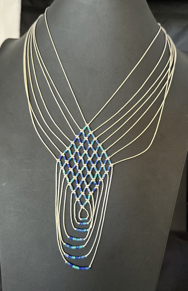 Azurite Heishi Tubes Pendant 7 Strand Liquid Necklace | Sterling Silver | Authentic Native American Handmade | 19751