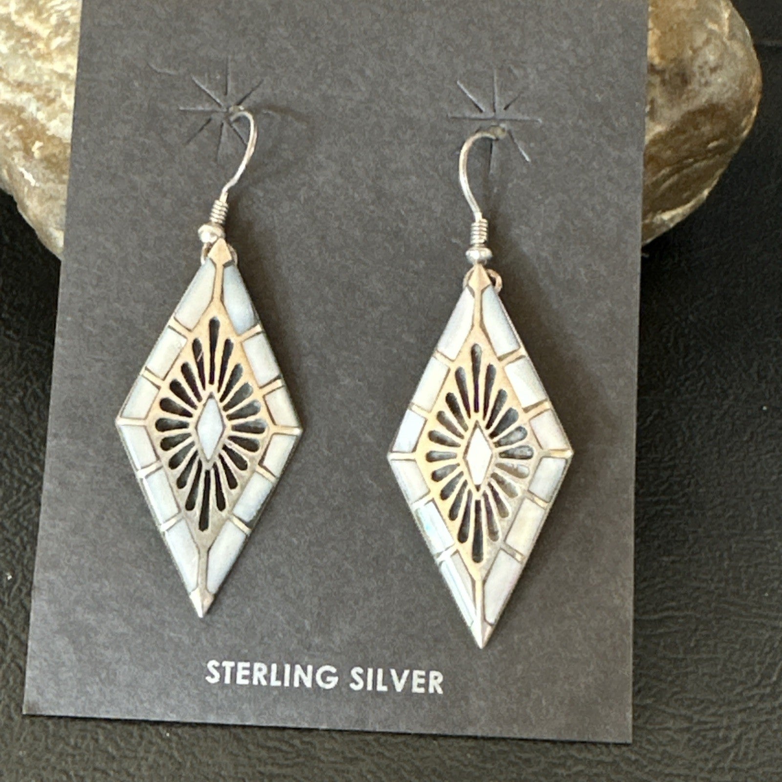 White Mother of Pearl Navajo Sterling Silver Dangle Inlay Earrings 19014