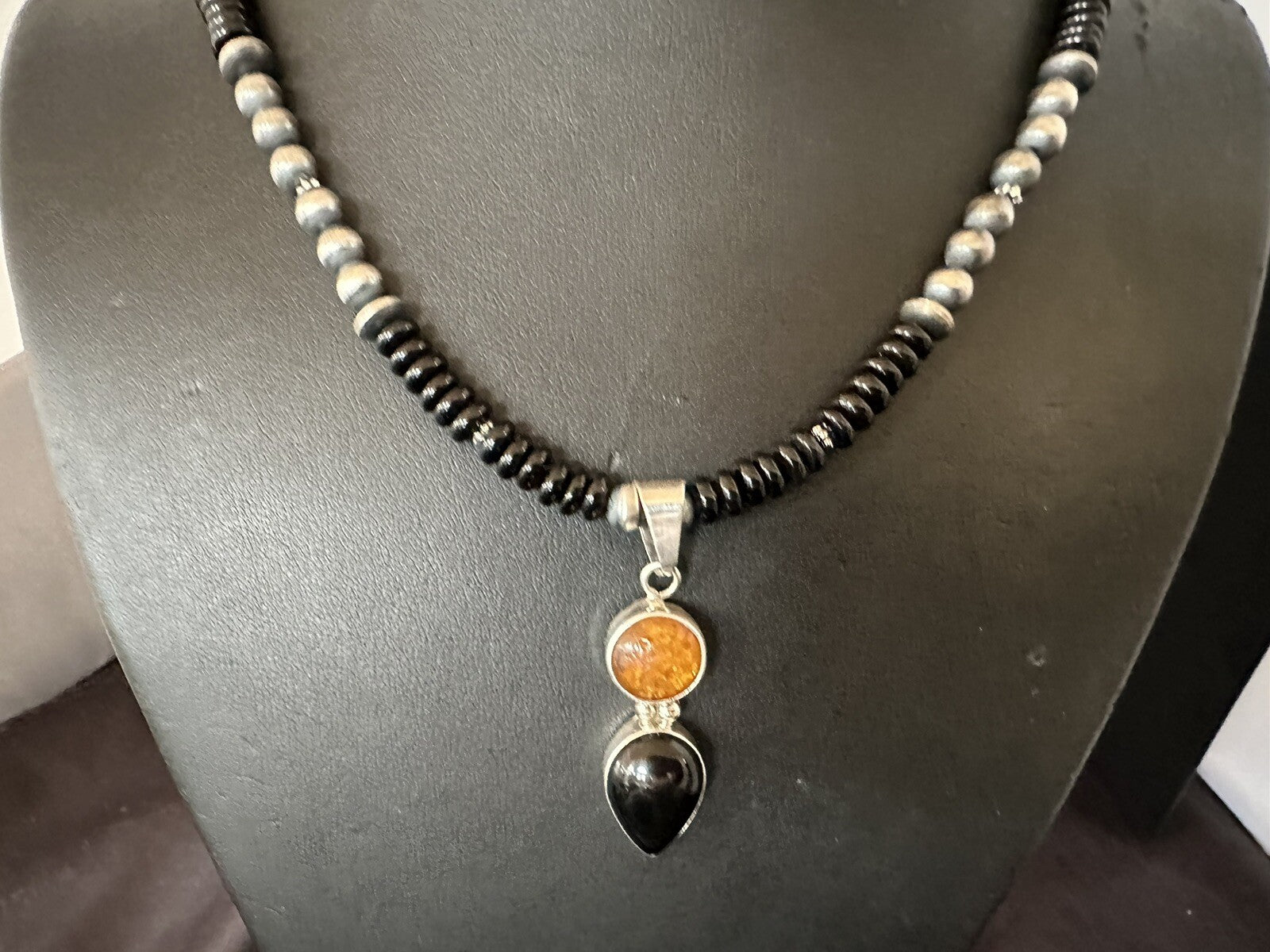 Mens Womens Black Onyx Amber Pendant Navajo Sterling Silver Necklace 18335