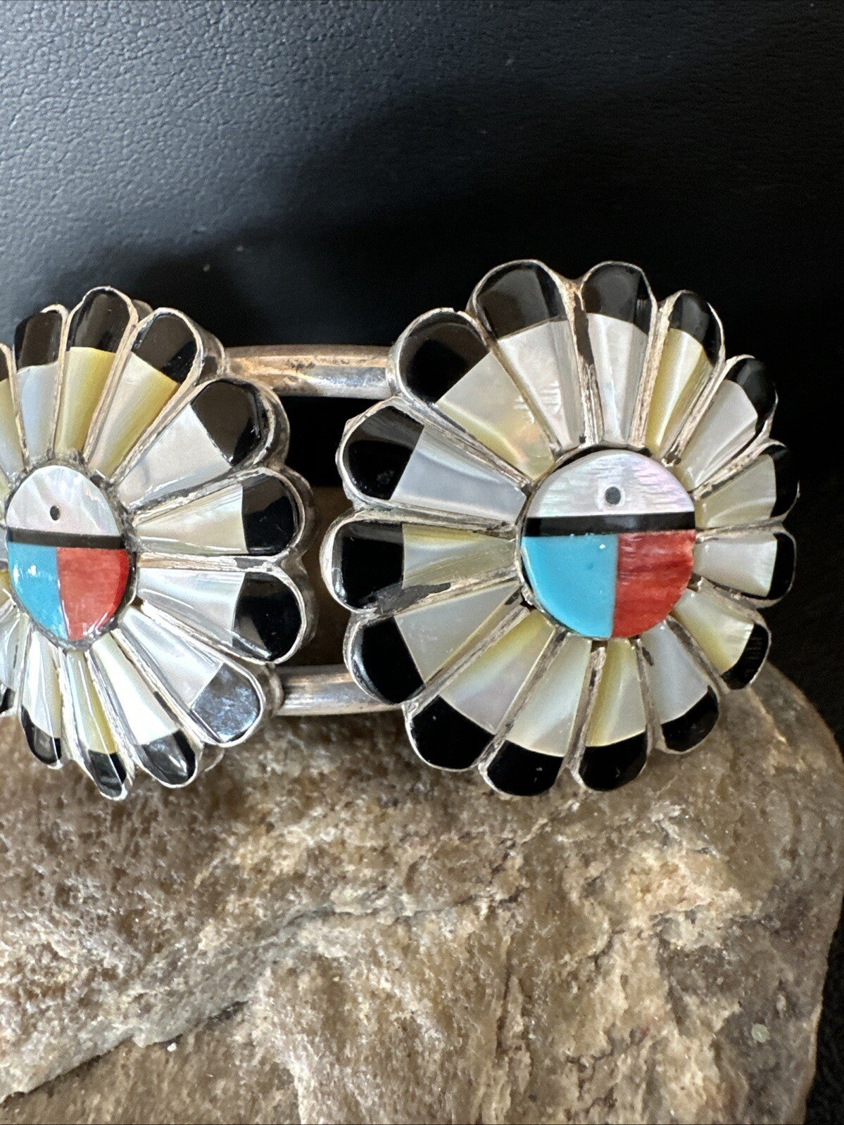 Blue Turquoise Coral MOP Zuni Sterling Silver Inlay Sunface Cuff Bracelet 18872