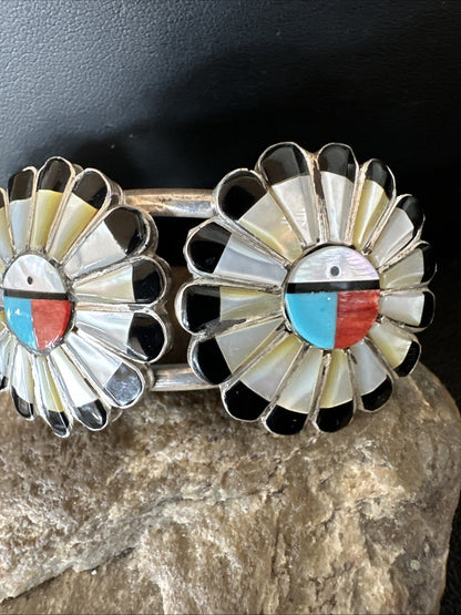 Blue Turquoise Coral MOP Zuni Sterling Silver Inlay Sunface Cuff Bracelet 18872