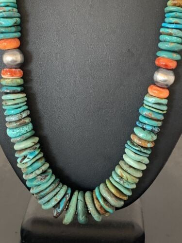 Navajo Pearls Graduated Turquoise Necklace Sterling Silver 23" 480
