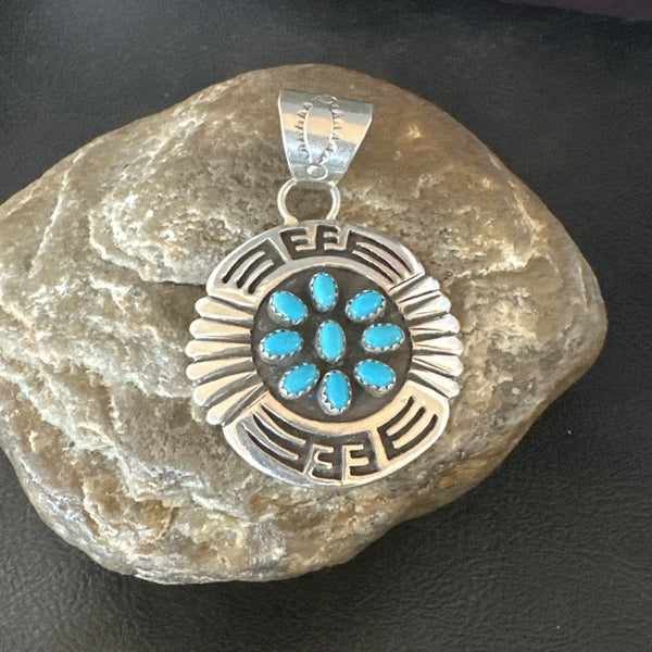 Blue Kingman Turquoise Navajo Cluster Pendant 2" | Sterling Silver | Authentic Native American Handmade | 19285
