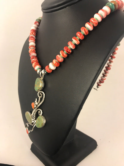 Green Turquoise, Spiny Oyster Pendant Sterling Silver Beads Necklace 8486