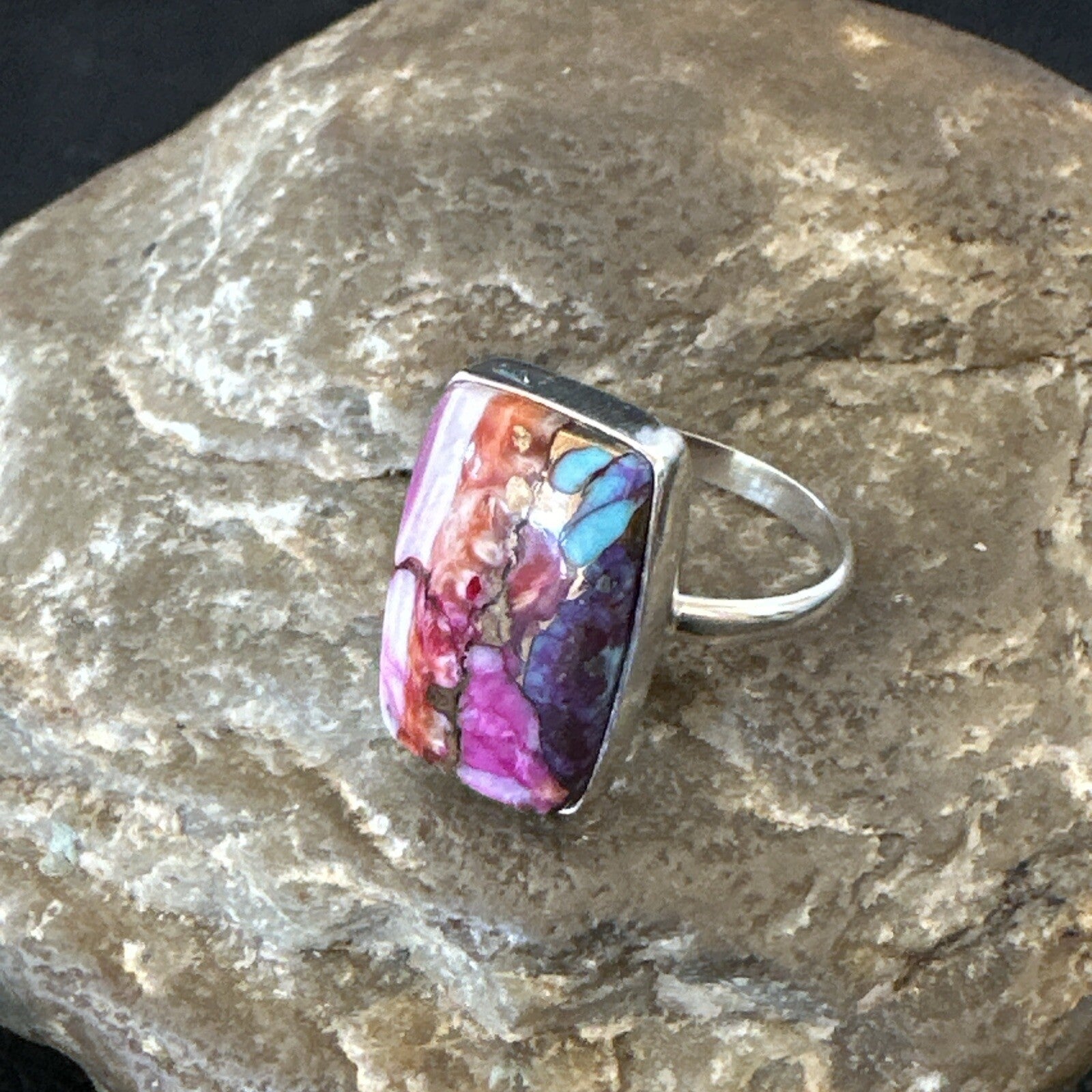 Blue Turquoise Spiny Oyster Southwestern Sterling Silver Ring Size 9 18468