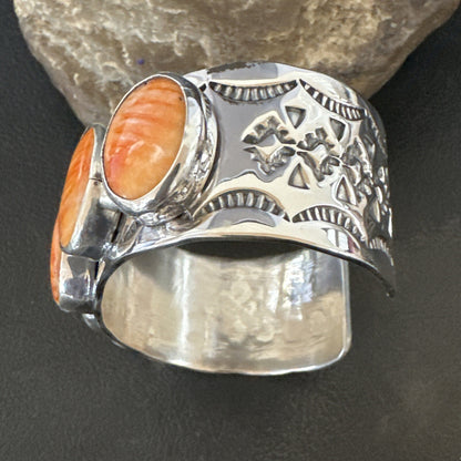 Stamped Orange Spiny Oyster Navajo Sterling Silver 5 Stone Cuff Bracelet 17942