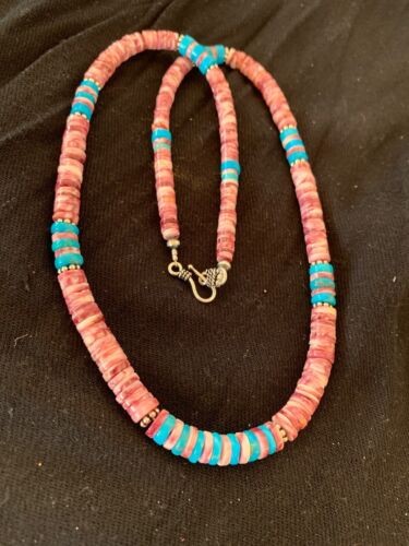 Navajo Turquoise & Spiny Oyster Necklace Sterling Silver 21" 4639