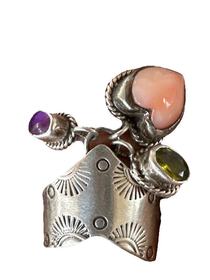Heart Pink Conch Cluster Spiny Stamped Ring Adjustable Navajo Sz 7.5 19202