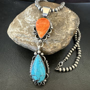 Multicolor Turquoise Spiny Navajo Cluster Pendant Necklace | Sterling Silver | Authentic Native American Handmade | 19558