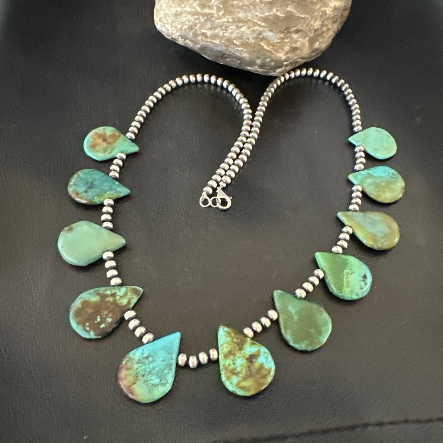Blue Green Turquoise Teardrop Navajo Pearls Sterling Silver Necklace 14390