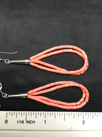 Pink Coral Heishi Liquid Sterling Silver Dangle 2 Strand Earrings 04398