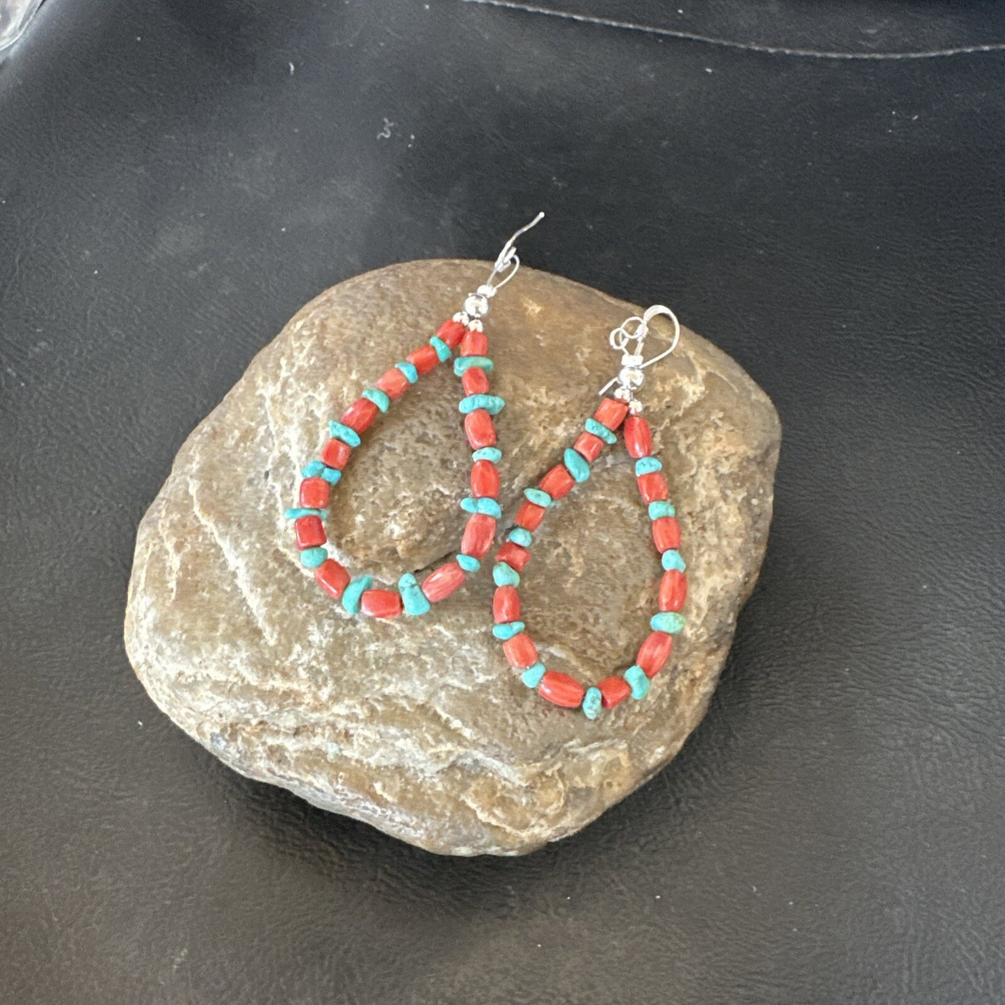 Blue Turquoise Coral Navajo Sterling Silver Earrings 2” 18835