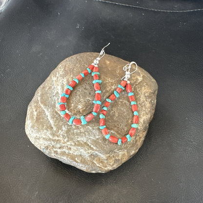 Blue Turquoise Coral Navajo Sterling Silver Earrings 2” 18835