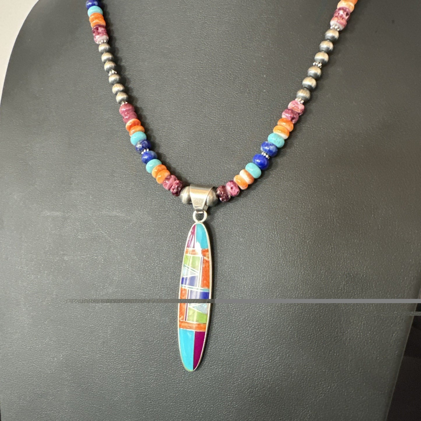 Multicolor Turquoise Spiny Navajo Sterling Silver Inlay Pendant Necklace 19643