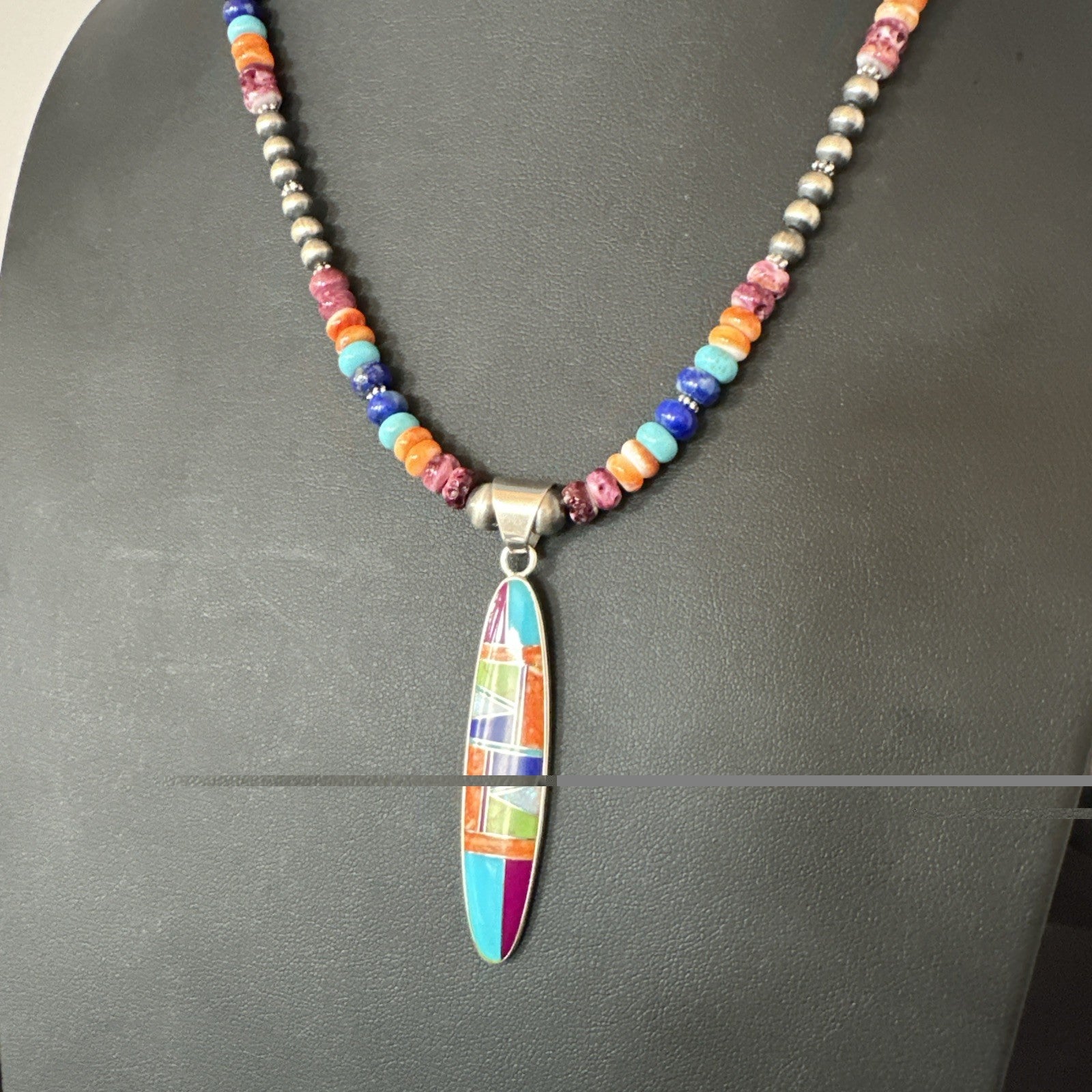 Multicolor Turquoise Spiny Navajo Sterling Silver Inlay Pendant Necklace 19643