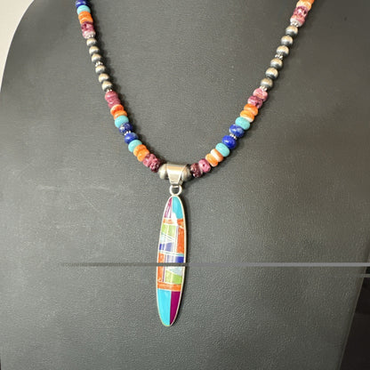 Multicolor Turquoise Spiny Navajo Sterling Silver Inlay Pendant Necklace 19643