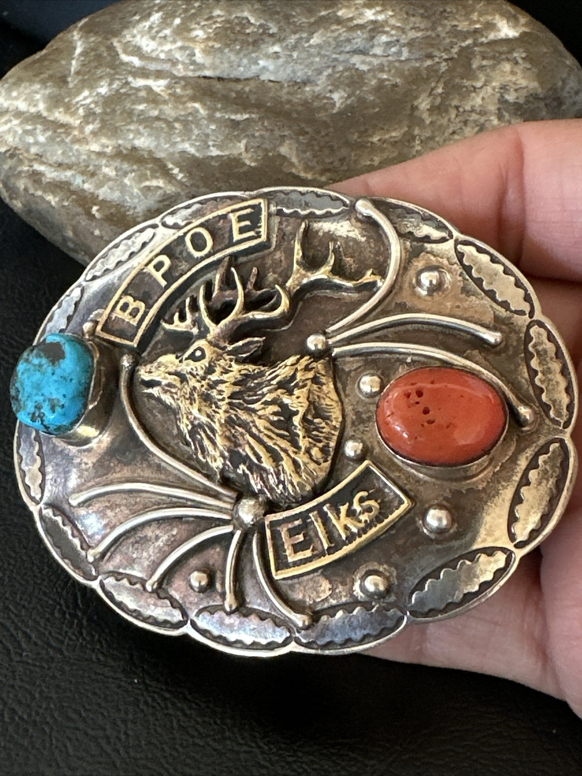 Elk Blue Turquoise Coral Navajo Sterling Silver Concho Belt Buckle 17972