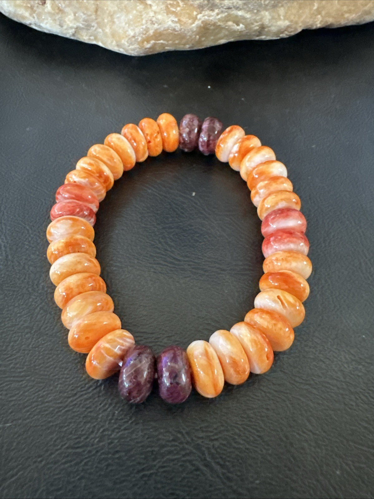 Orange Purple Spiny Oyster 12mm Bead Navajo Stretch Bracelet 19252