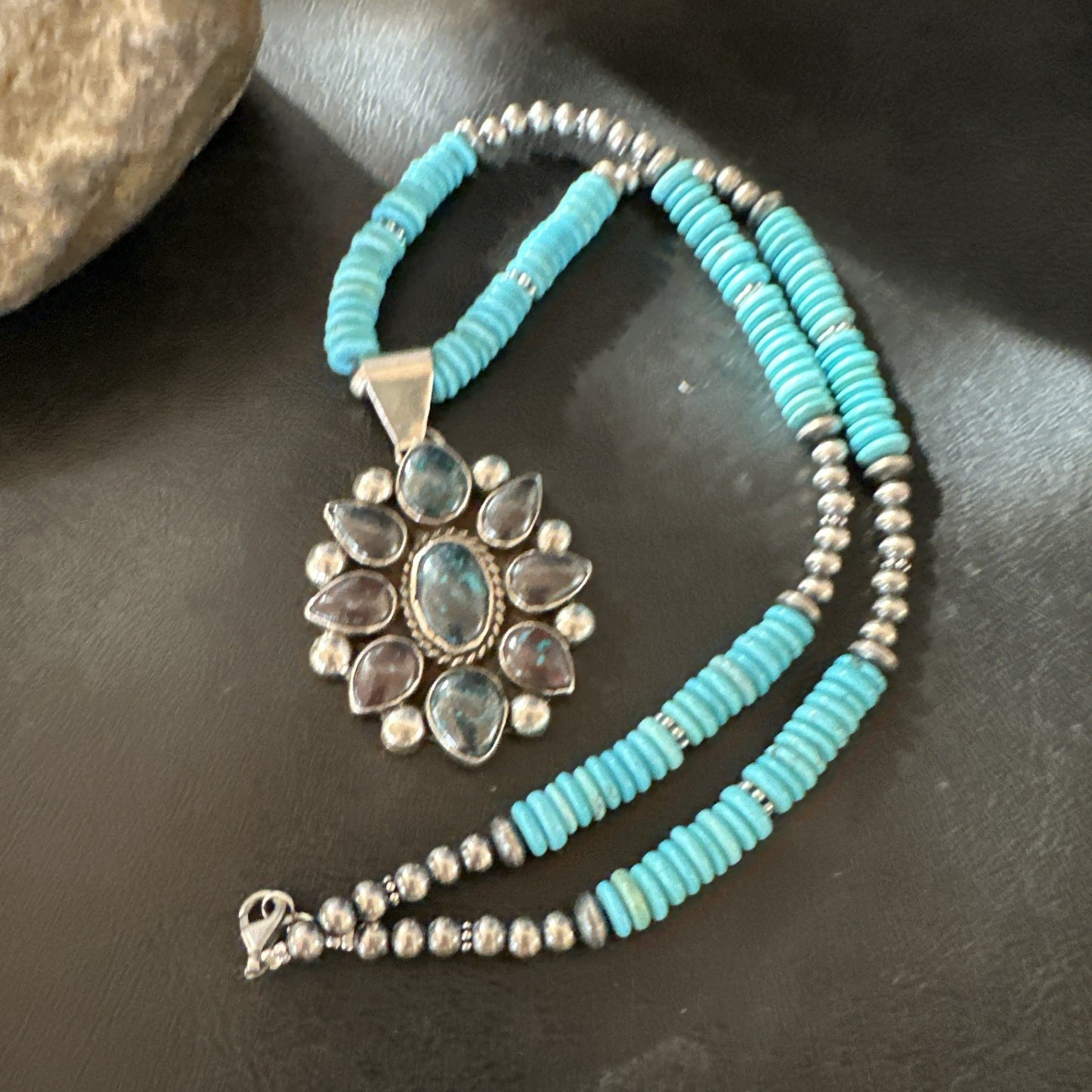 Blue Turquoise Navajo Sterling Silver Cluster Round Pendant Necklace 2”19660