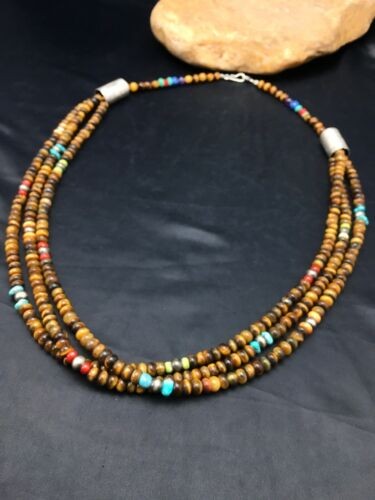 Navajo Tiger's Eye & Turquoise 3 Strand Necklace Sterling Silver 26" 4174