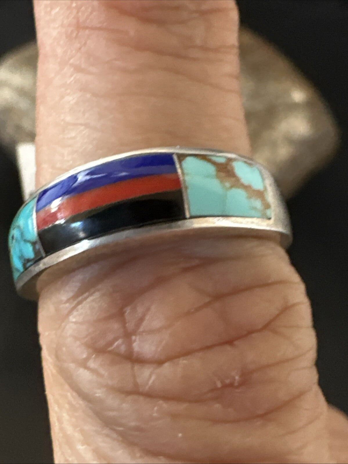 MultiColor Navajo Sterling Turquoise Spiny Oyster Inlay Ring Sz 6.5 18709
