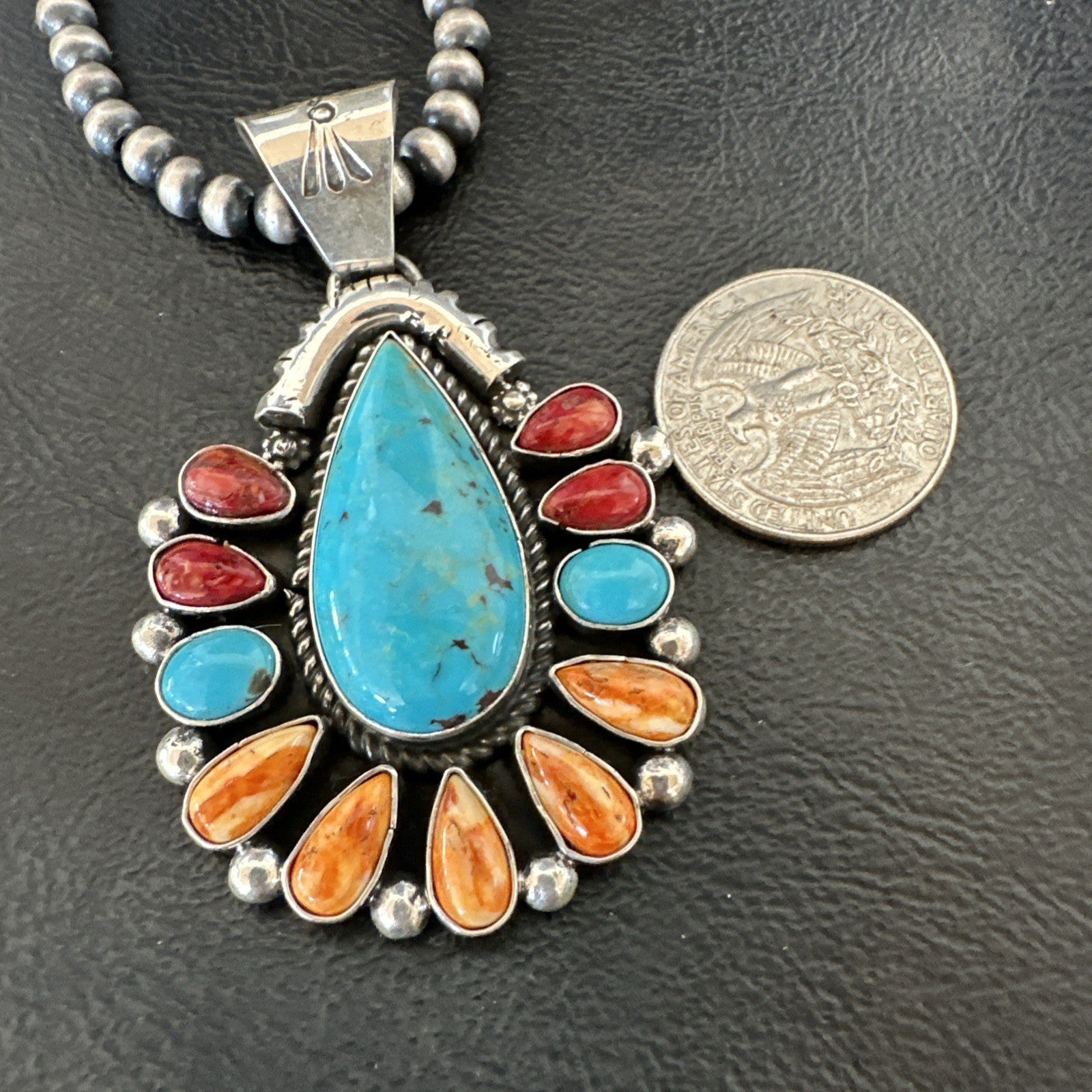 Multicolor Turquoise Spiny Navajo Sterling Silver Cluster Pendant Necklace 19561