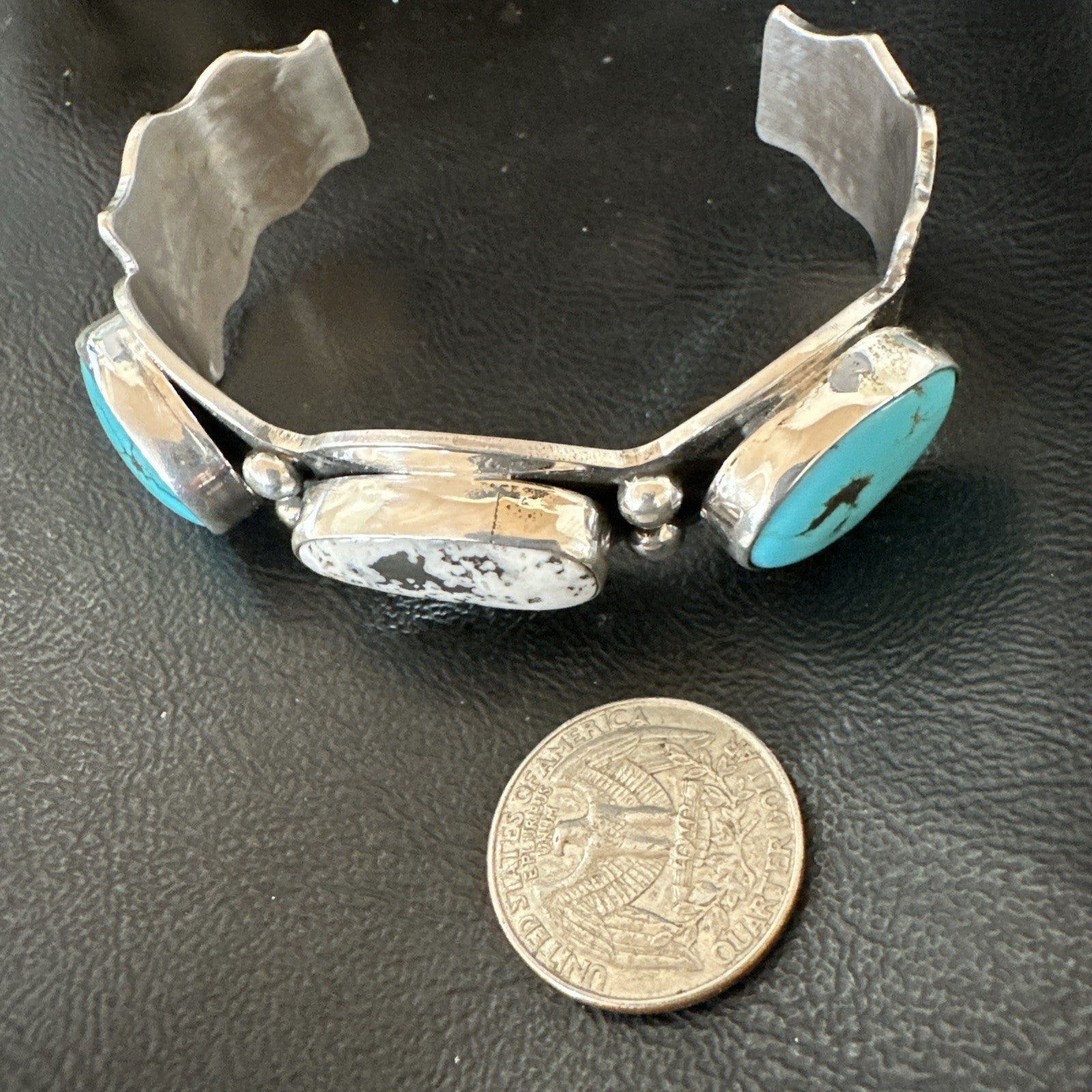 Mens White Buffalo Blue Turquoise Navajo Sterling Silver Cuff Bracelet 19504