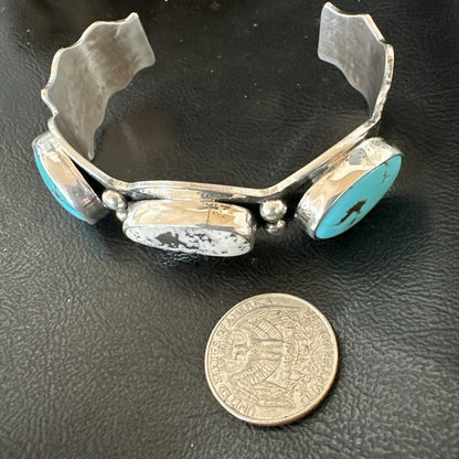 Mens White Buffalo Blue Turquoise Navajo Sterling Silver Cuff Bracelet 19504