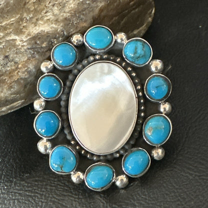 Blue Kingman Turquoise MOP Navajo Sterling Silver Cluster Ring Size 10 18395