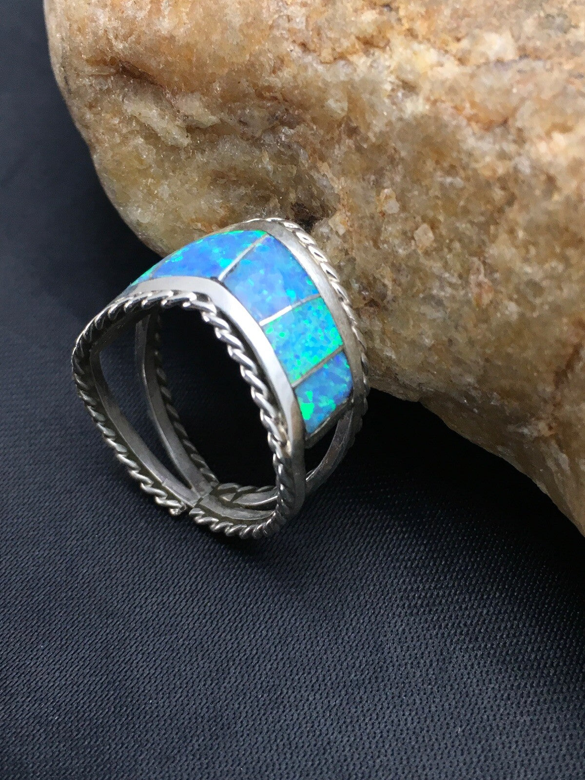 Native American Navajo Sterling Silver Blue Opal Inlay Ring Set7.75 02785