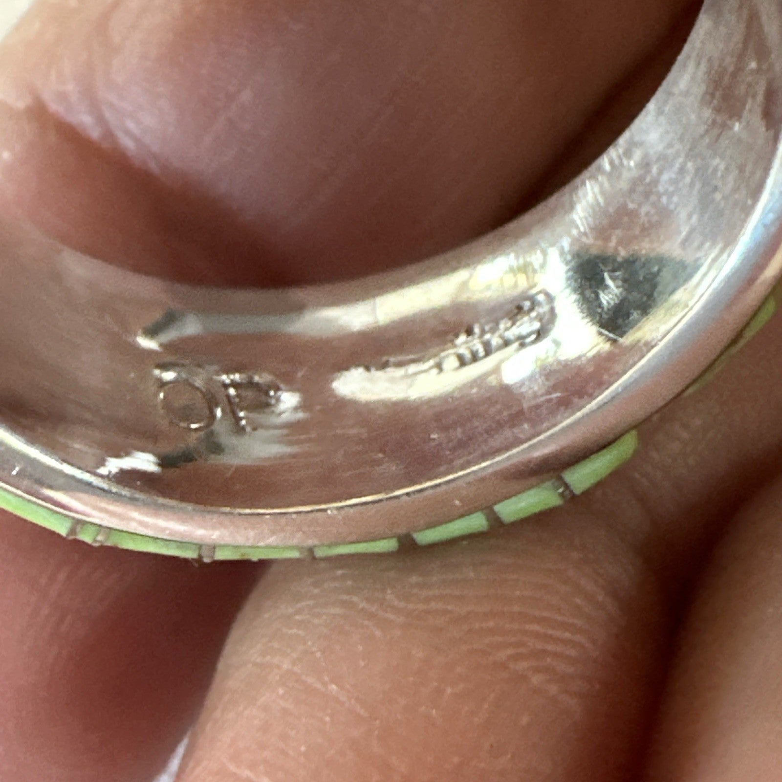 Womens Rare Green Gaspeite Sterling Silver Band Inlay Ring Size 9.5 19149