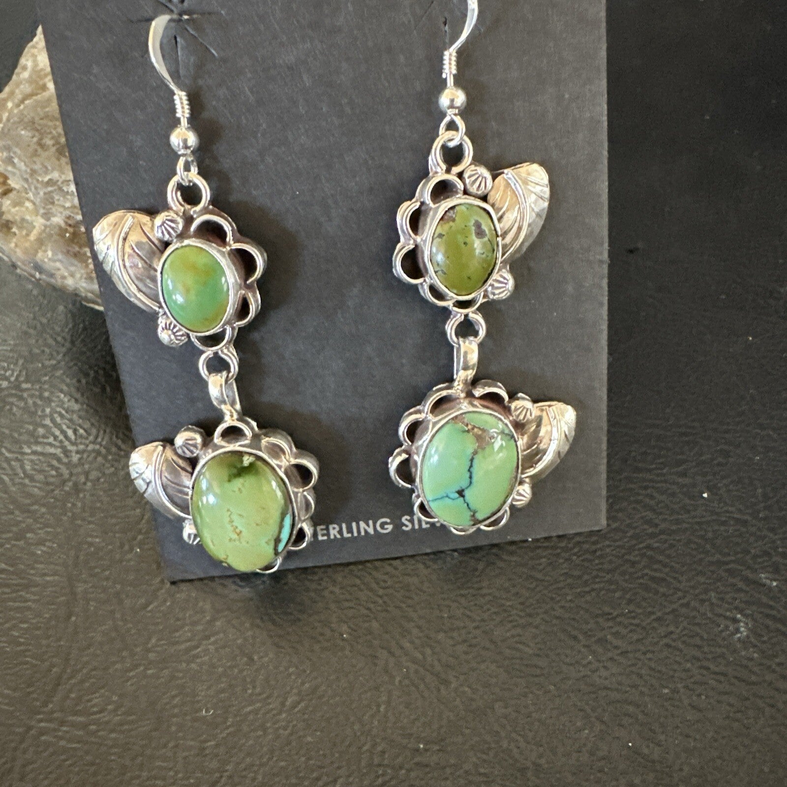 Native Navajo Green Turquoise Sterling Silver Dangle Earrings 2” 17693