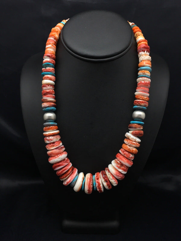 Spiny Oyster Graduated Necklace Navajo 20" | Sterling Silver | Authentic Native American Handmade | 4177