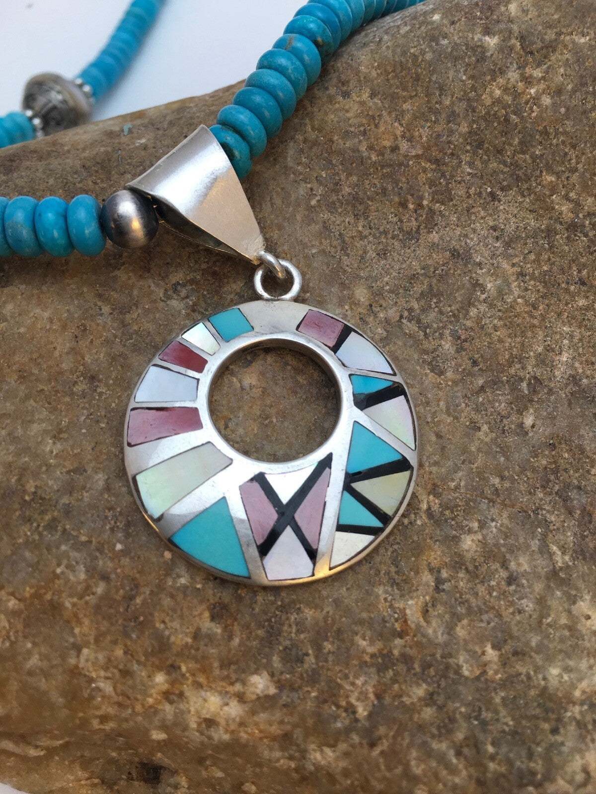 Blue Turquoise Mother Of Pearl Inlay Pendant Sterling Silver Necklace 08902