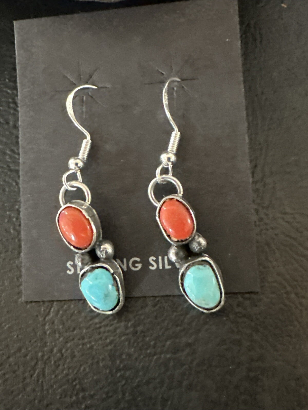 Handmade Blue Turquoise Red Coral Sterling Silver Navajo Dangle Earrings 18846