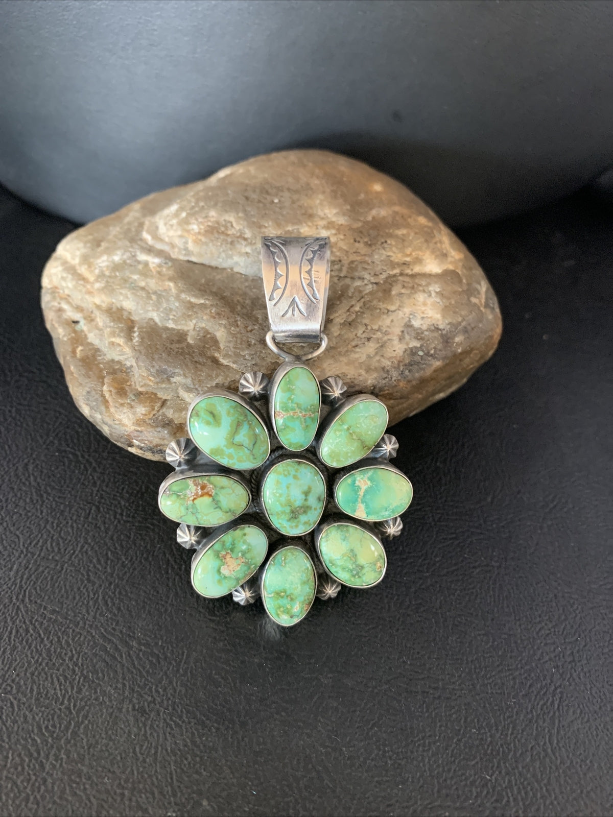 Green Sonoran Gold Turquoise Navajo Sterling Silver Cluster Pendant 14070