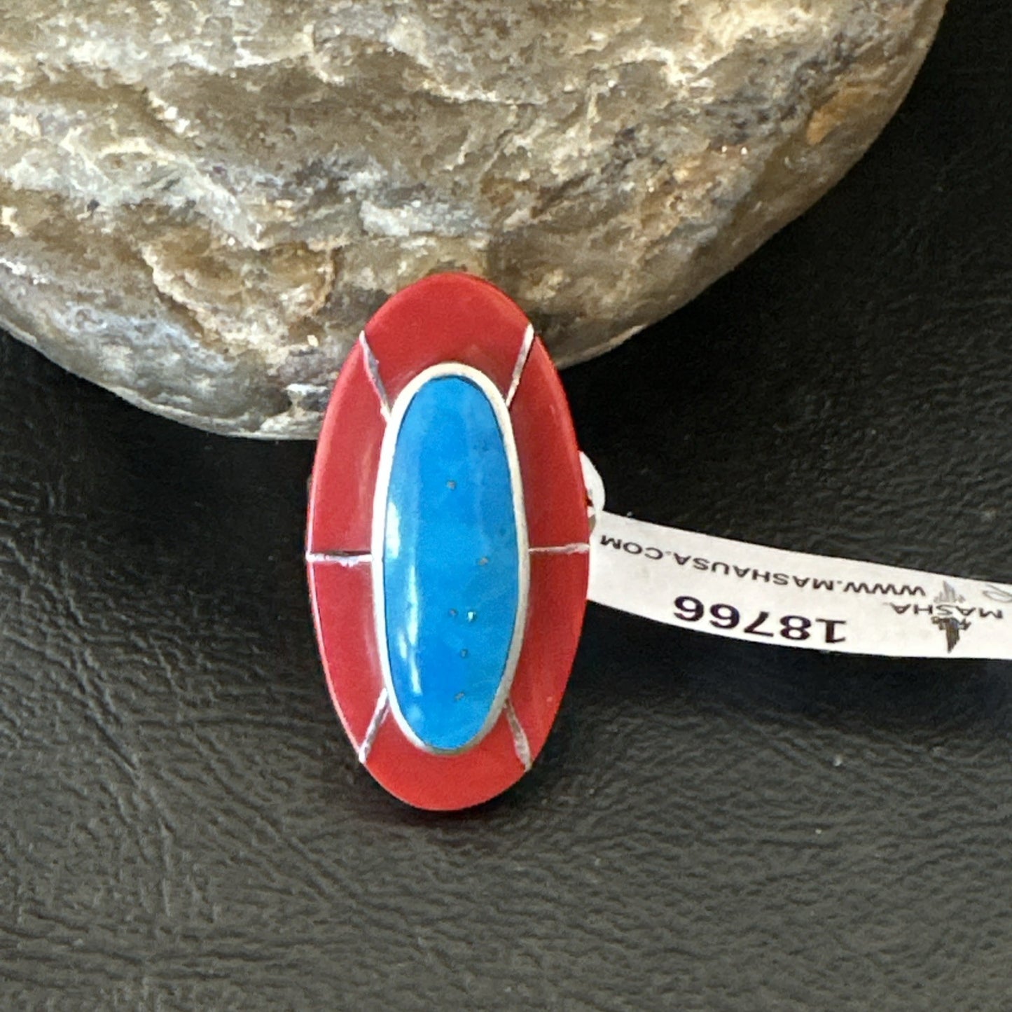 Blue Turquoise Coral Navajo Sterling Silver Ring Size 7.5 18766